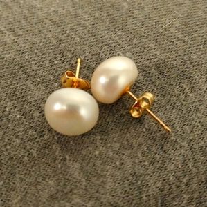 14k Gold Large Natural 10/11mm Off White Pearl Stud Earrings Fine Jewelry + Box
